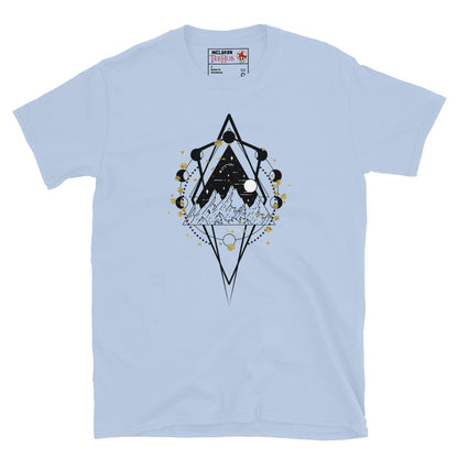 sacred geometry moon phase mountain t-shirt with diamond geometric frame containing mountain night sky landscape surrounded by lunar cycle moon phases and gold foil accents, on light blue t-shirt.