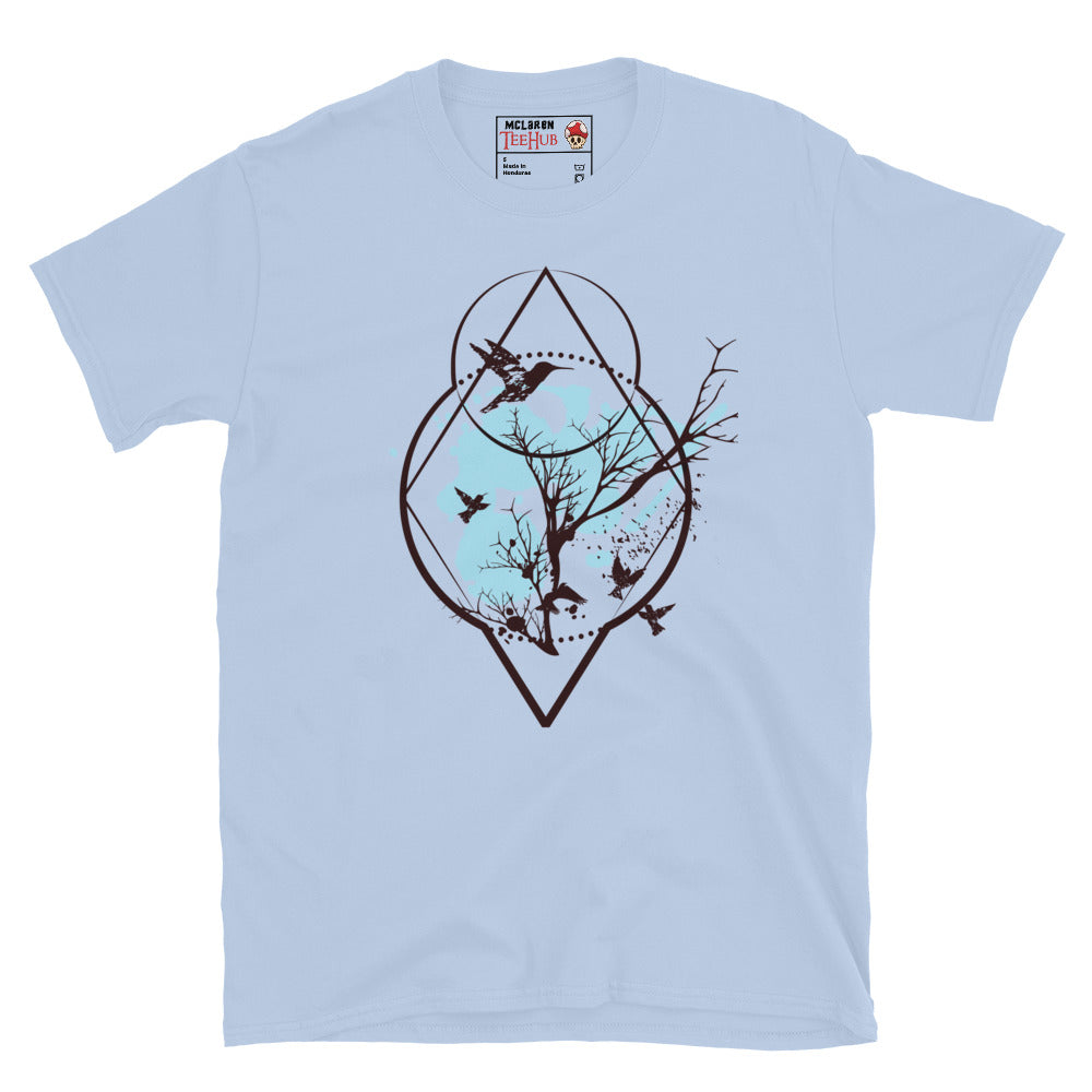 Light blue sacred geometry birds and tree t-shirt with diamond circle geometric frame containing bare winter tree branches breaking beyond the boundary with birds in flight silhouettes.
