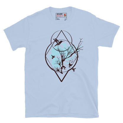 Light blue sacred geometry birds and tree t-shirt with diamond circle geometric frame containing bare winter tree branches breaking beyond the boundary with birds in flight silhouettes.