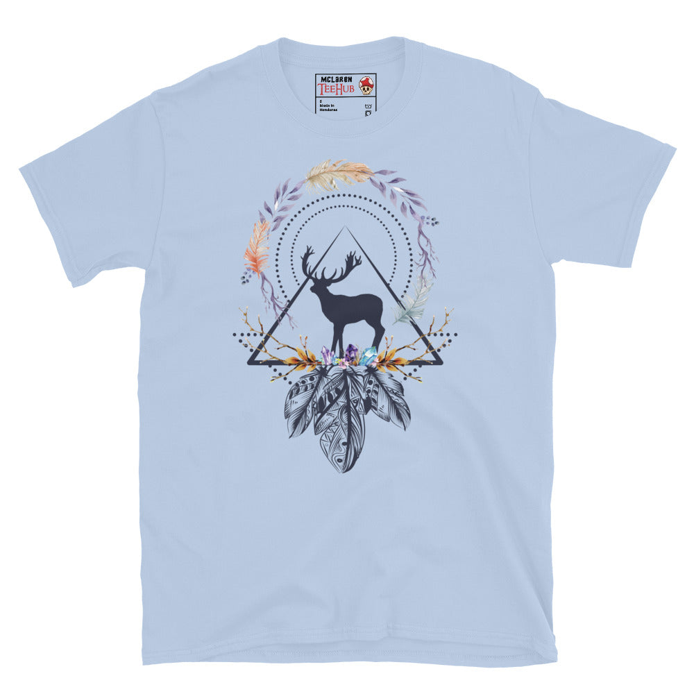 Light blue White boho sacred geometry stag t-shirt with stag silhouette in triangle frame surrounded by watercolour feather botanical wreath amethyst crystals and intricate mandala feathers