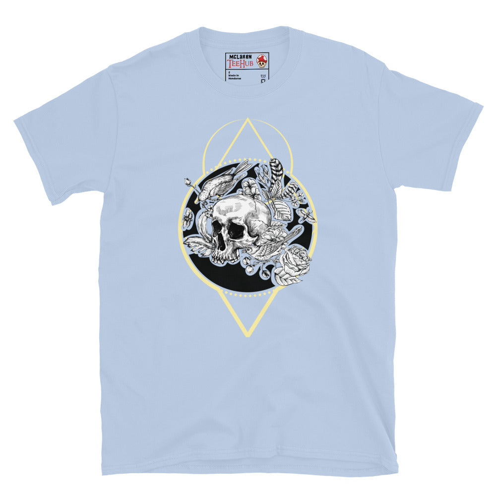 Light Blue memento mori skull botanical t-shirt with detailed skull surrounded by flowers birds feathers and snake in black circle with gold sacred geometry diamond frame.