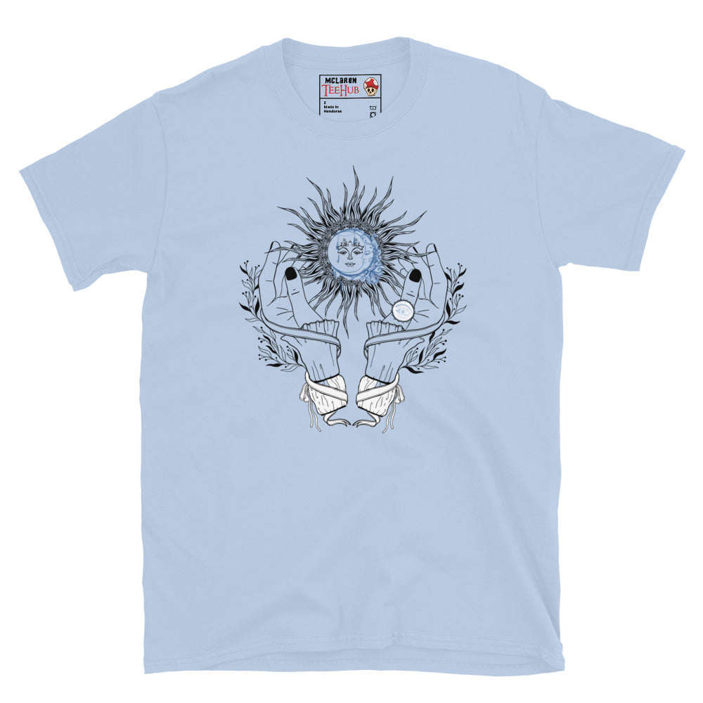 Light blue celestial witch hands sun moon t-shirt with witchy dark nail hands cradling radiating sun with blue watercolour moon face and botanical sprigs and energy lines.