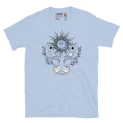 Light blue celestial witch hands sun moon t-shirt with witchy dark nail hands cradling radiating sun with blue watercolour moon face and botanical sprigs and energy lines.