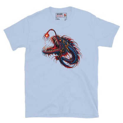 Light Blue dragonfish deep sea fantasy art t-shirt with stunning full body bioluminescent illustration featuring glowing red lure savage fang jaw blue photophore orbs and trailing red gold filaments