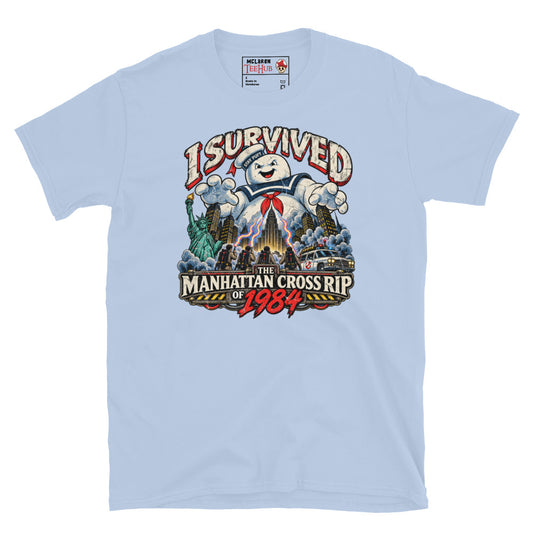 Light Blue Ghostbusters I Survived The Manhattan Cross Rip of 1984 t-shirt with distressed vintage badge featuring Stay Puft Marshmallow Man over Manhattan Ghostbusters silhouette Ecto-1 and Statue of Liberty