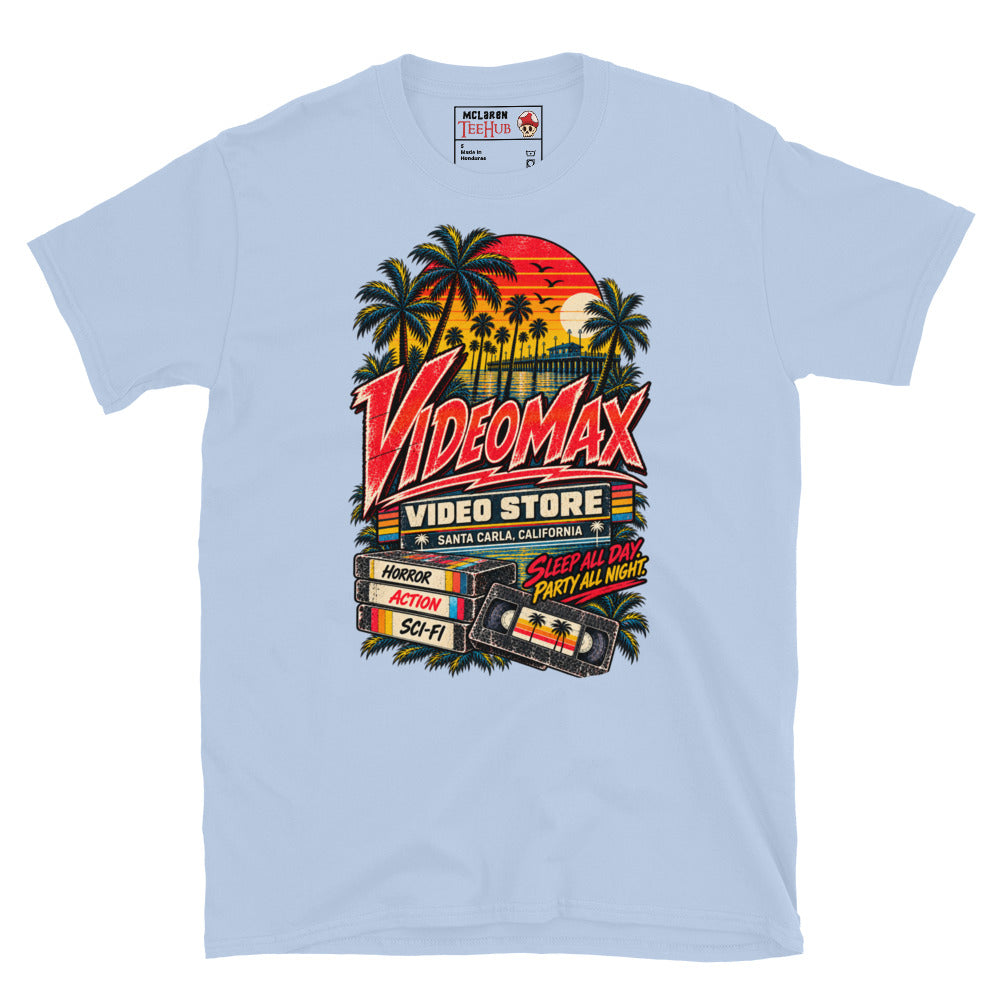 Light Blue Lost Boys VideoMax Video Store t-shirt with retro California sunset design featuring VideoMax Santa Carla California sign palm trees pier VHS tapes labelled Horror Action Sci-Fi and Sleep All Day Party All Night typography