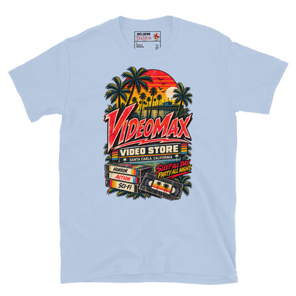 Light Blue Lost Boys VideoMax Video Store t-shirt with retro California sunset design featuring VideoMax Santa Carla California sign palm trees pier VHS tapes labelled Horror Action Sci-Fi and Sleep All Day Party All Night typography