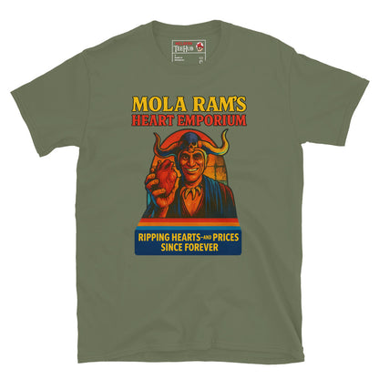 Military Green T-shirt featuring a parody ad of Mola Ram holding a heart with the text “Mola Ram’s Heart Emporium – Ripping hearts and prices since forever.”

