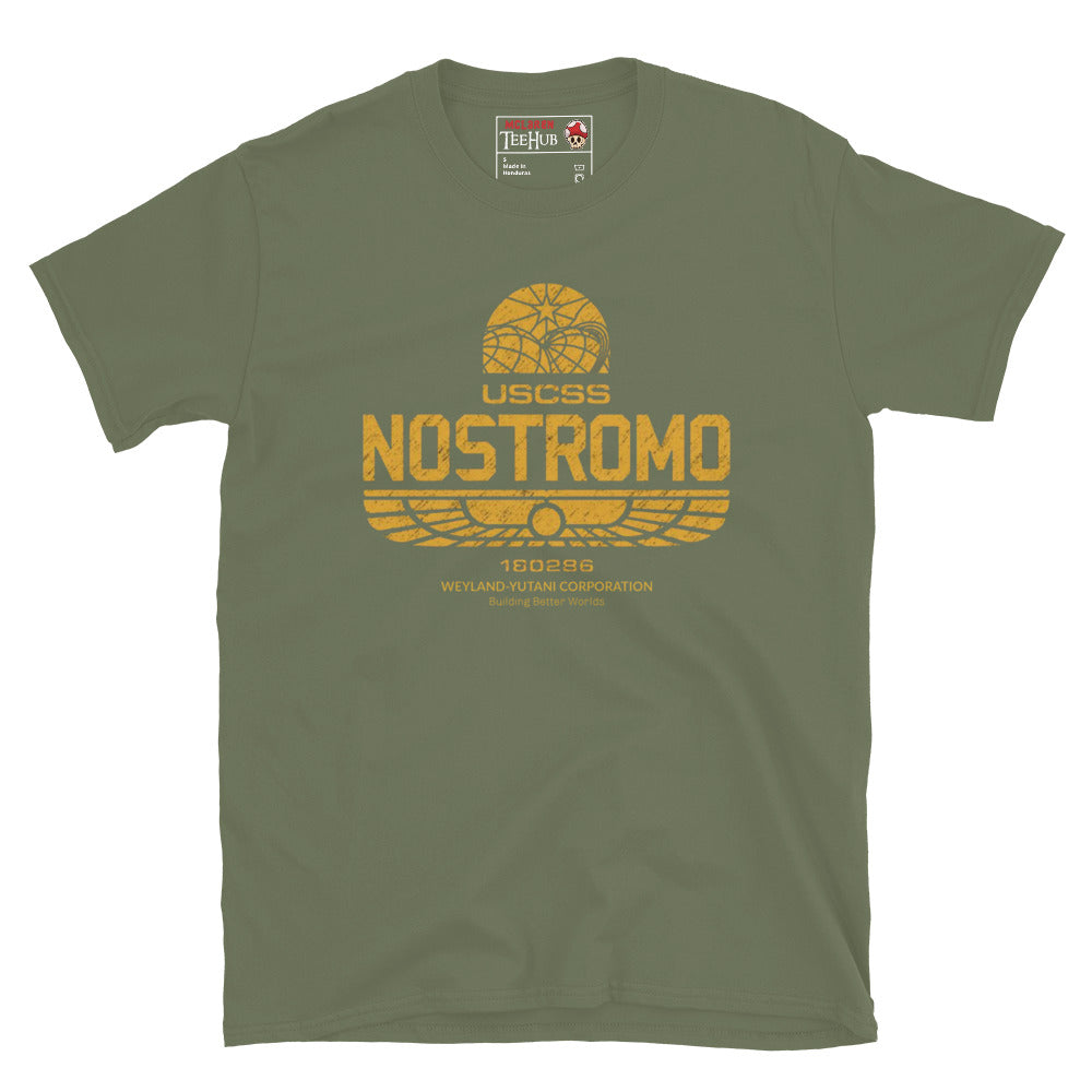 Military Green T-shirt with distressed gold USCSS Nostromo logo and Weyland-Yutani Corporation branding from the Alien franchise.