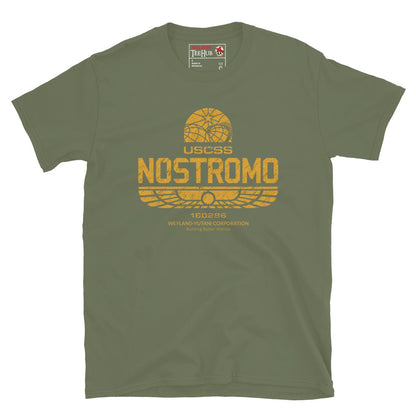 Military Green T-shirt with distressed gold USCSS Nostromo logo and Weyland-Yutani Corporation branding from the Alien franchise.