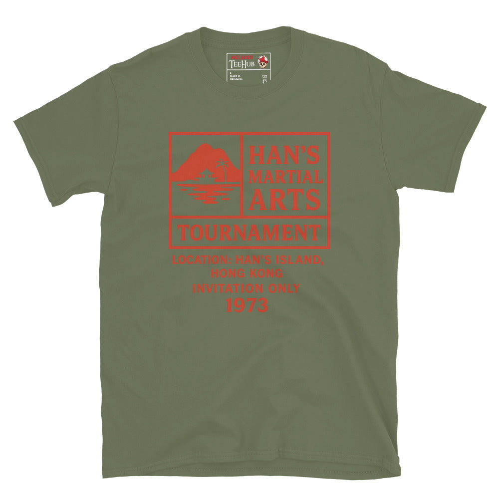 Military Green T-shirt with red graphic text: “Han’s Martial Arts Tournament – 1973 invitation only” inspired by Enter the Dragon.
