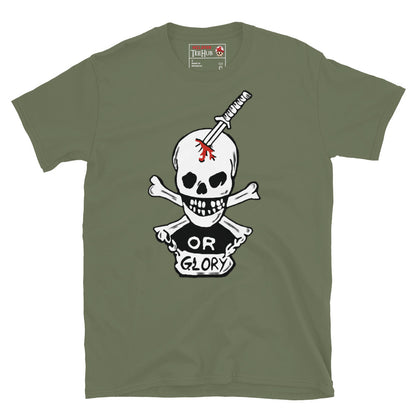 Military Green T-shirt featuring the "Or Glory" skull and katana design inspired by Private Hudson's body armor from the movie Aliens.