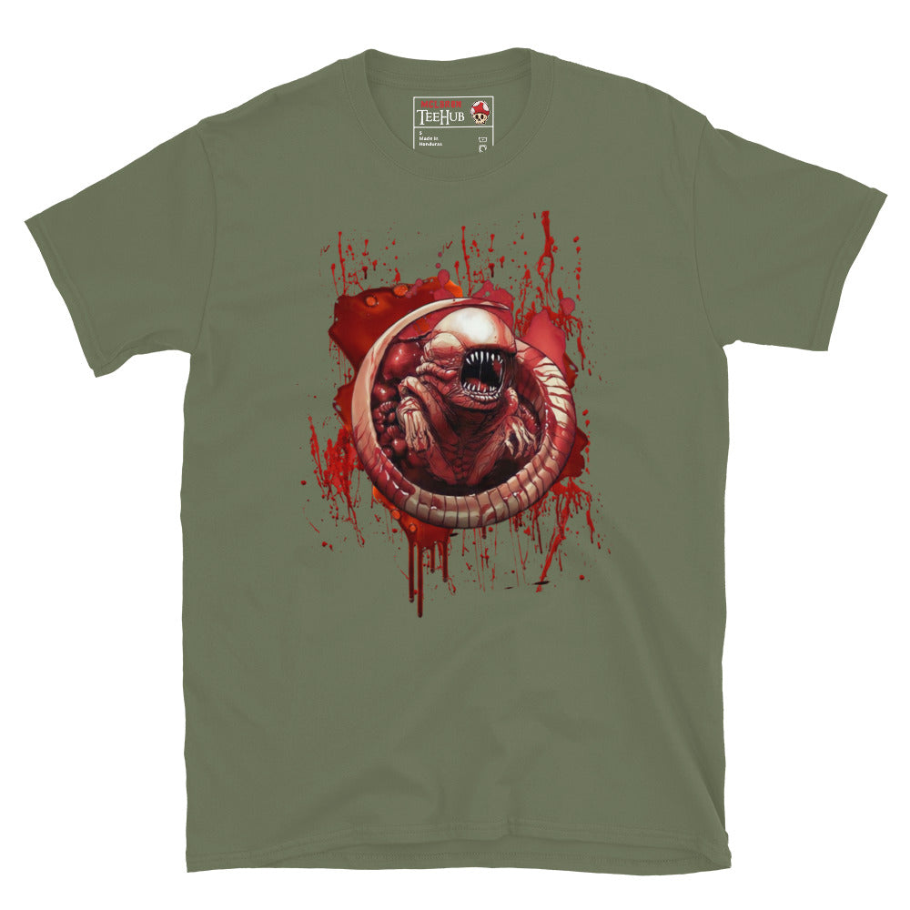 Military Green T-shirt featuring a detailed chestburster creature erupting with blood splatter, inspired by the Alien movie franchise.