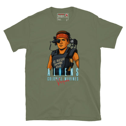 Military green Aliens Colonial Marines Vasquez T-shirt featuring cartoon Vasquez in red bandana with “El Riesgo Siempre Vive” text on armor.