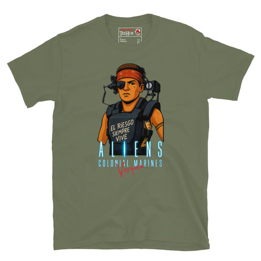 Military green Aliens Colonial Marines Vasquez T-shirt featuring cartoon Vasquez in red bandana with “El Riesgo Siempre Vive” text on armor.