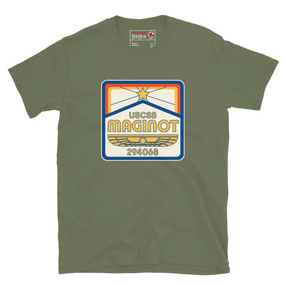 Military Green T-shirt with USCSS Maginot retro crew badge design – Aliens Earth inspired sci-fi fashion.