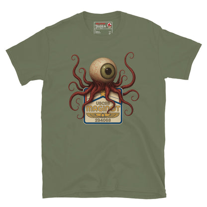 Military green Alien Earth T-shirt with USCSS Maginot badge and grotesque T-Ocellus monster – retro sci-fi horror design.