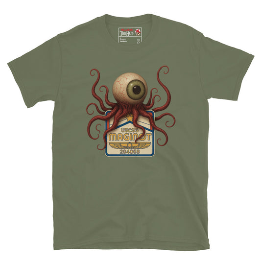 Military green Alien Earth T-shirt with USCSS Maginot badge and grotesque T-Ocellus monster – retro sci-fi horror design.