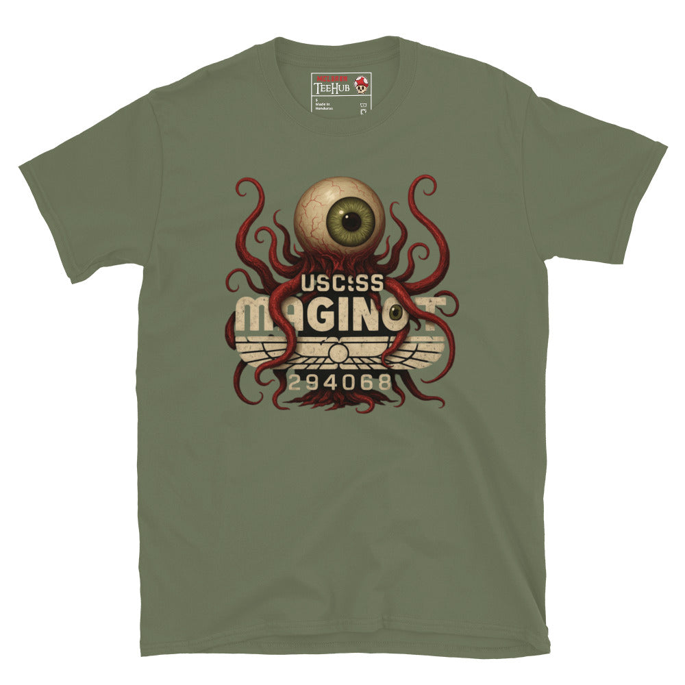 Military Green T-shirt featuring T-Ocellus with USCSS Maginot text – Retro sci-fi horror design from Alien Earth.