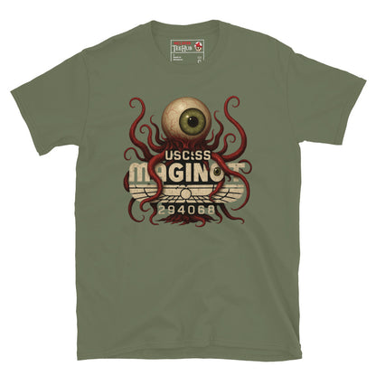 Military Green T-shirt featuring T-Ocellus with USCSS Maginot text – Retro sci-fi horror design from Alien Earth.