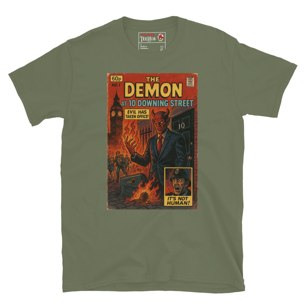 Retro comic-style military green T-shirt design featuring The Demon at 10 Downing Street with fiery London chaos, exclusive to McLaren T-Hub.