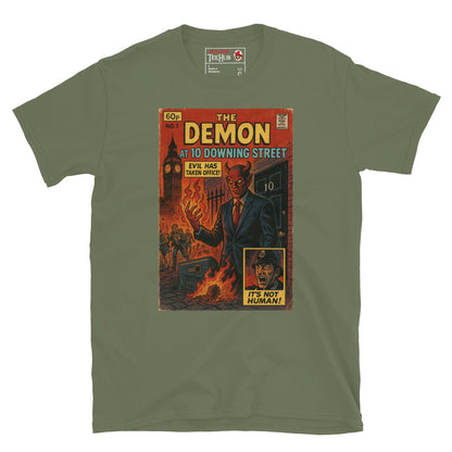 Retro comic-style military green T-shirt design featuring The Demon at 10 Downing Street with fiery London chaos, exclusive to McLaren T-Hub.