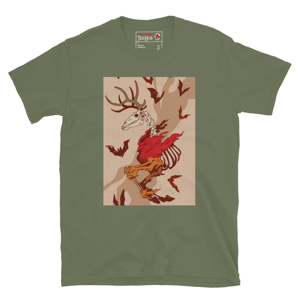 Wendigo Horror T-Shirt – military green tee with skeletal stag skull and bats – McLaren TeeHub exclusive