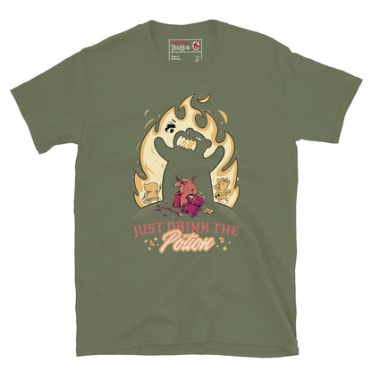Dark fantasy cartoon villain potion shirt – military green Halloween graphic tee – McLaren TeeHub limited edition