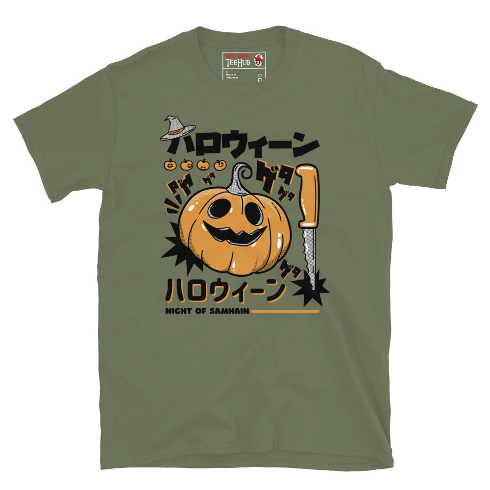 Night of Samhain Pumpkin T-Shirt in Military Green – Japanese horror style Halloween design – exclusive McLaren TeeHub