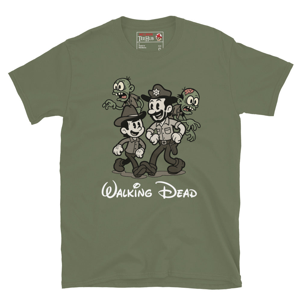 Walking Dead Retro Cartoon Military Green T-Shirt featuring Rick Grimes, Carl, and zombies in vintage animation style – Exclusive McLaren T-Hub Horror Streetwear