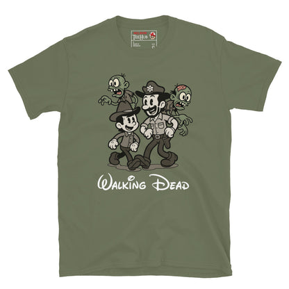 Walking Dead Retro Cartoon Military Green T-Shirt featuring Rick Grimes, Carl, and zombies in vintage animation style – Exclusive McLaren T-Hub Horror Streetwear