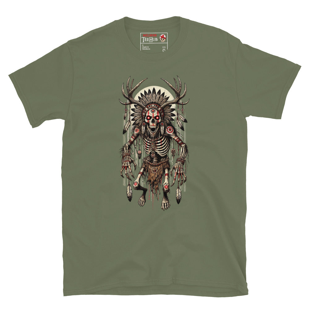Military Green T-shirt featuring a detailed Wendigo design with skeletal body, antler crown, tribal feathers, and haunting horror aesthetic