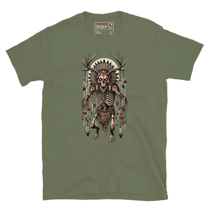 Military Green T-shirt featuring a detailed Wendigo design with skeletal body, antler crown, tribal feathers, and haunting horror aesthetic