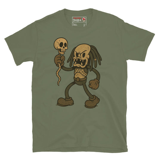Retro Cartoon Predator T-Shirt in olive green – Predator rubber-hose style holding skull, exclusive McLaren TeeHub design