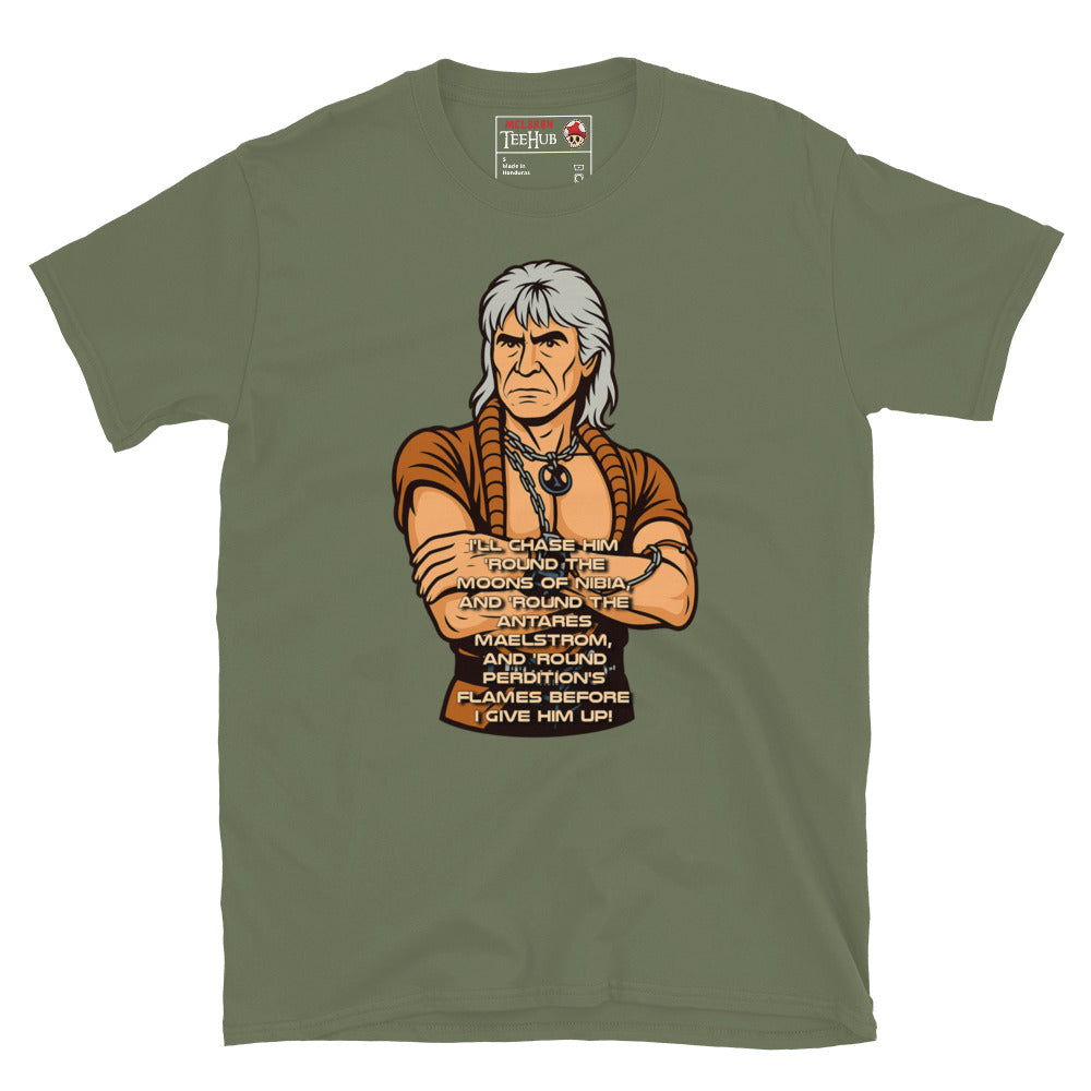 Stylized cartoon of Khan Noonien Singh from Star Trek II: The Wrath of Khan with famous quote printed below, exclusive McLaren TeeHub T-shirt. military Green Colour