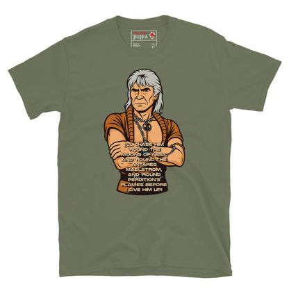 Stylized cartoon of Khan Noonien Singh from Star Trek II: The Wrath of Khan with famous quote printed below, exclusive McLaren TeeHub T-shirt. military Green Colour