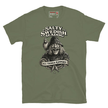 Inspector Clouseau Salty Swedish Seadog t-shirt with vintage nautical illustration of fisherman character and retro typography, military Green 