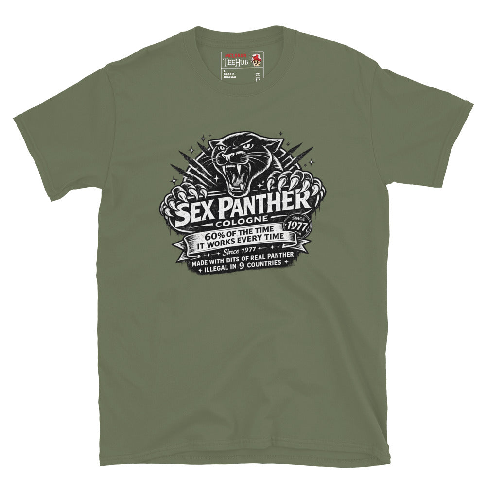 Sex Panther Cologne t-shirt with vintage label design and panther graphic inspired by Anchorman movie, Military Green