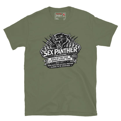 Sex Panther Cologne t-shirt with vintage label design and panther graphic inspired by Anchorman movie, Military Green