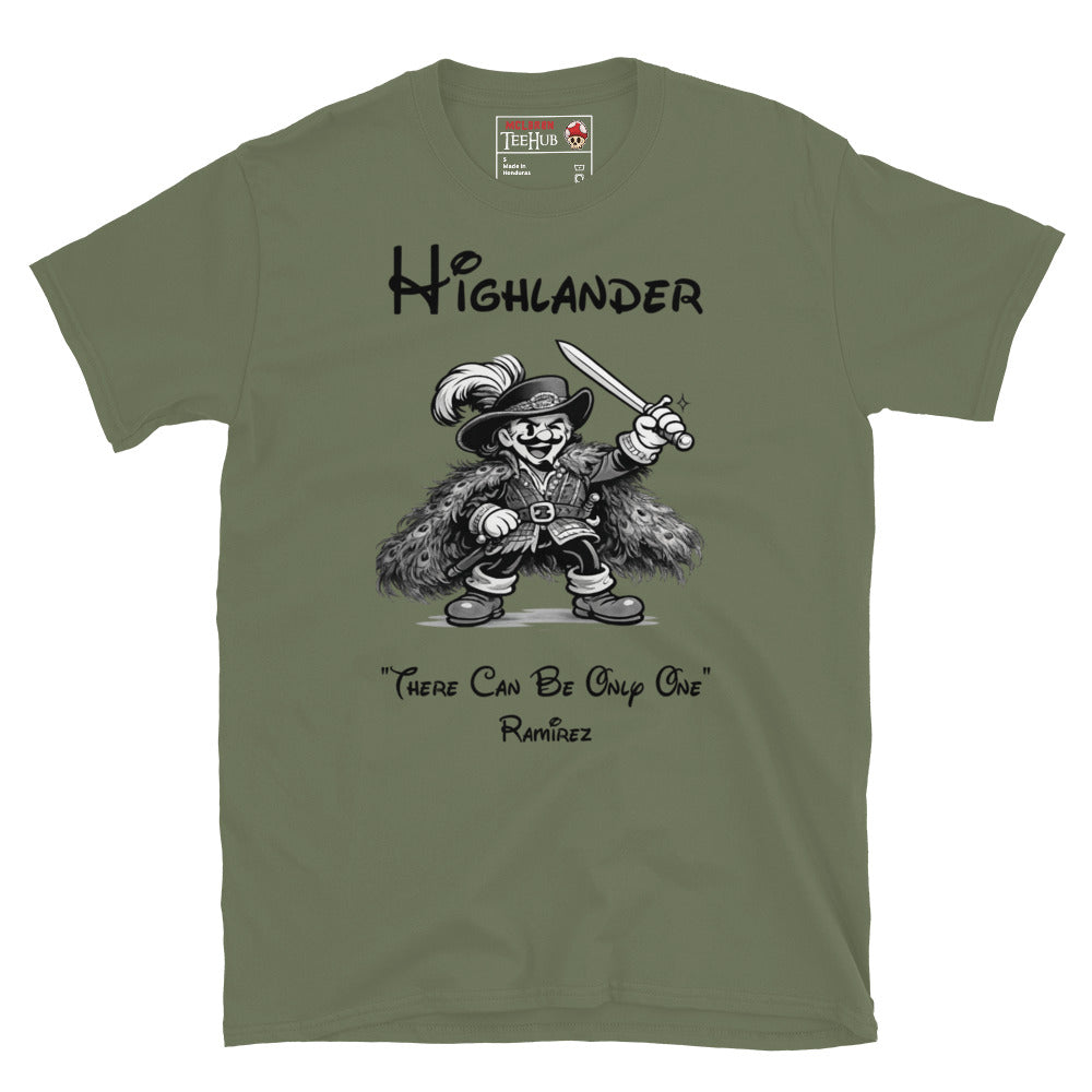 Highlander Ramirez rubber hose cartoon t-shirt featuring vintage 1930s animation style artwork and iconic fantasy movie quote. Military Green 