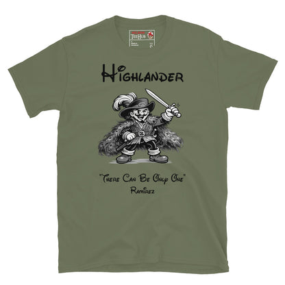 Highlander Ramirez rubber hose cartoon t-shirt featuring vintage 1930s animation style artwork and iconic fantasy movie quote. Military Green 