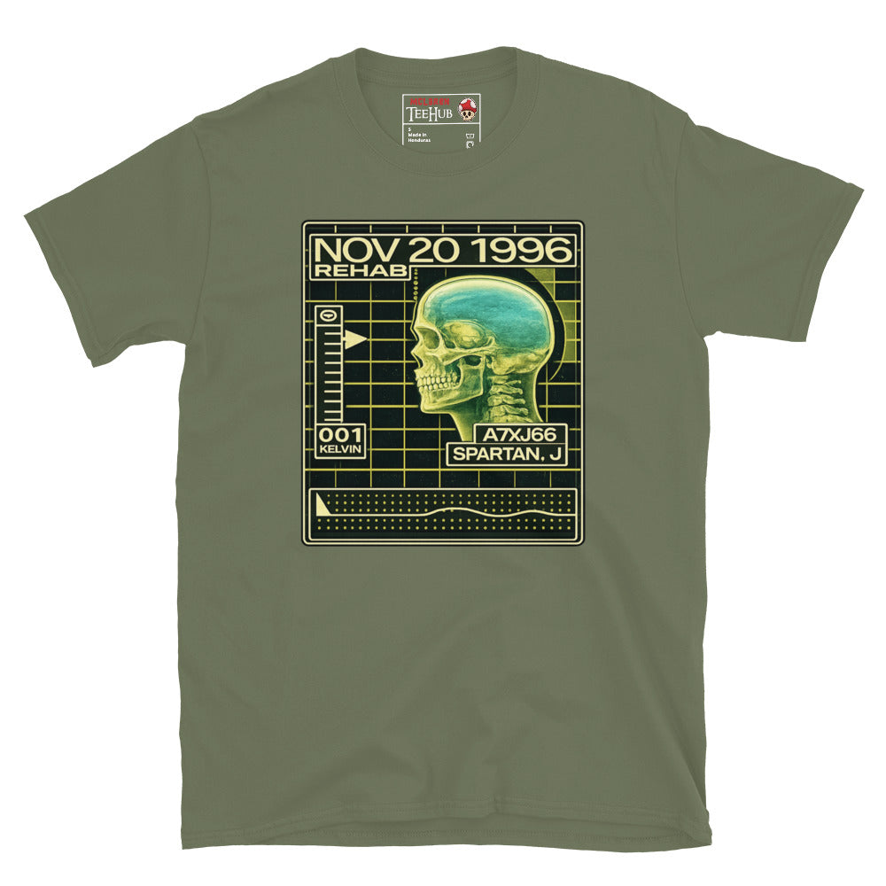 John Spartan The Demolition Man Cryo Readout inspired t-shirt featuring futuristic rehabilitation scanner artwork and retro sci-fi interface design. Military Green 