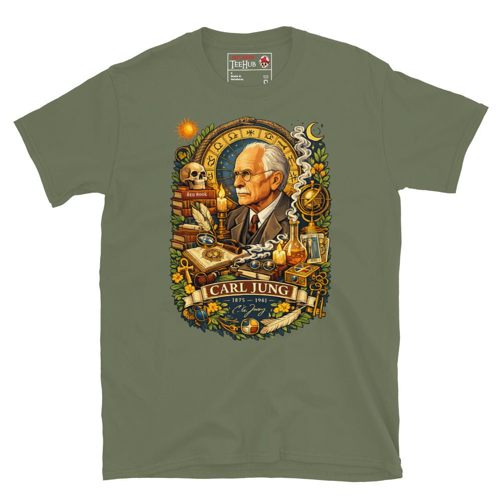 Detailed Carl Jung psychology graphic t-shirt featuring archetypes, alchemy, dream symbolism, books and analytical psychology imagery. Military Green 