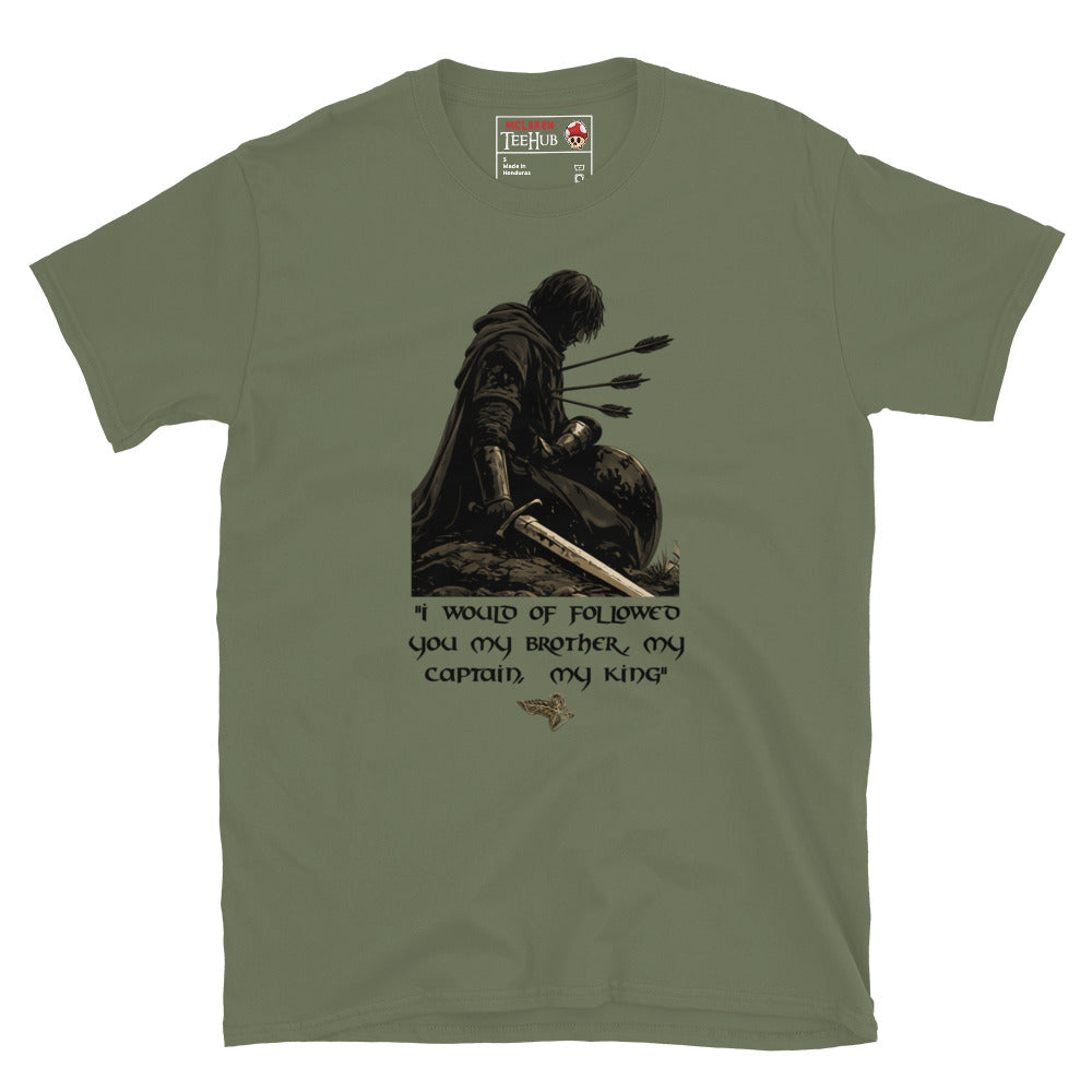 Boromir Lord of the Rings inspired t-shirt featuring the quote My Brother My Captain My King and artwork depicting the warrior of Gondor. Military Green 