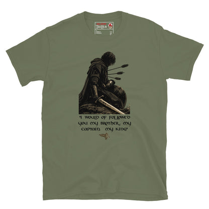 Boromir Lord of the Rings inspired t-shirt featuring the quote My Brother My Captain My King and artwork depicting the warrior of Gondor. Military Green 