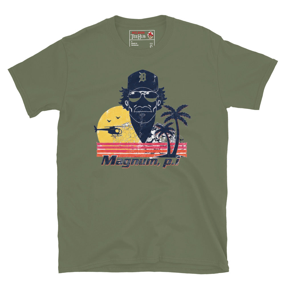 MilitaryGreen Magnum PI distressed retro t-shirt with vintage Hawaii sunset graphic featuring Detroit Tigers cap sunglasses and palm trees 