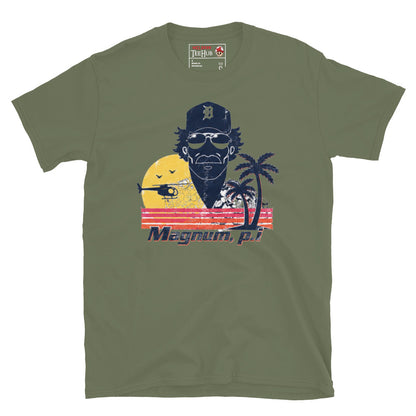 MilitaryGreen Magnum PI distressed retro t-shirt with vintage Hawaii sunset graphic featuring Detroit Tigers cap sunglasses and palm trees 