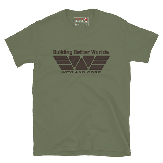 Military green Weyland Corp Building Better Worlds t-shirt with dark brown tonal Weyland Corp logo and tagline on premium cotton tee
