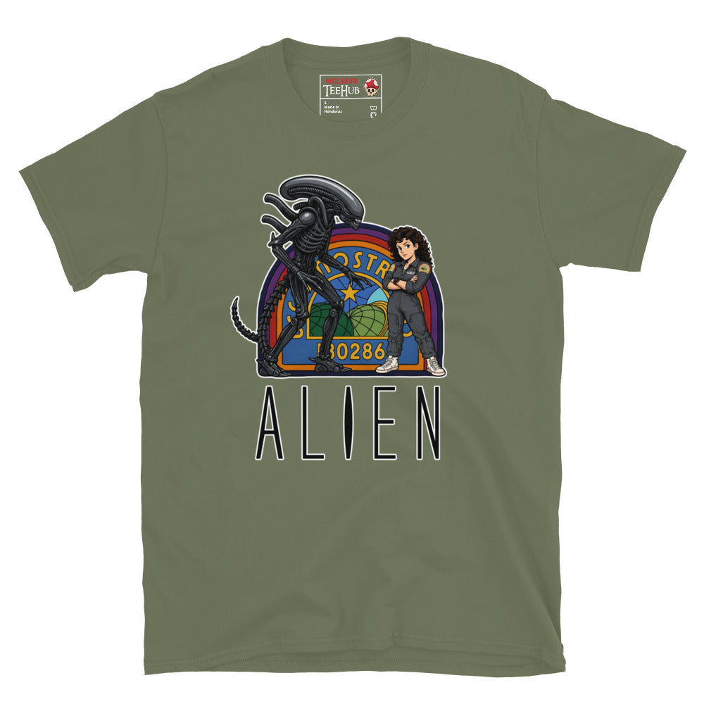 Military Green Alien movie retro poster t-shirt featuring Ellen Ripley leaning against Xenomorph in front of Nostromo badge with rainbow colours and ALIEN typography