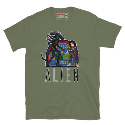 Military Green Alien movie retro poster t-shirt featuring Ellen Ripley leaning against Xenomorph in front of Nostromo badge with rainbow colours and ALIEN typography